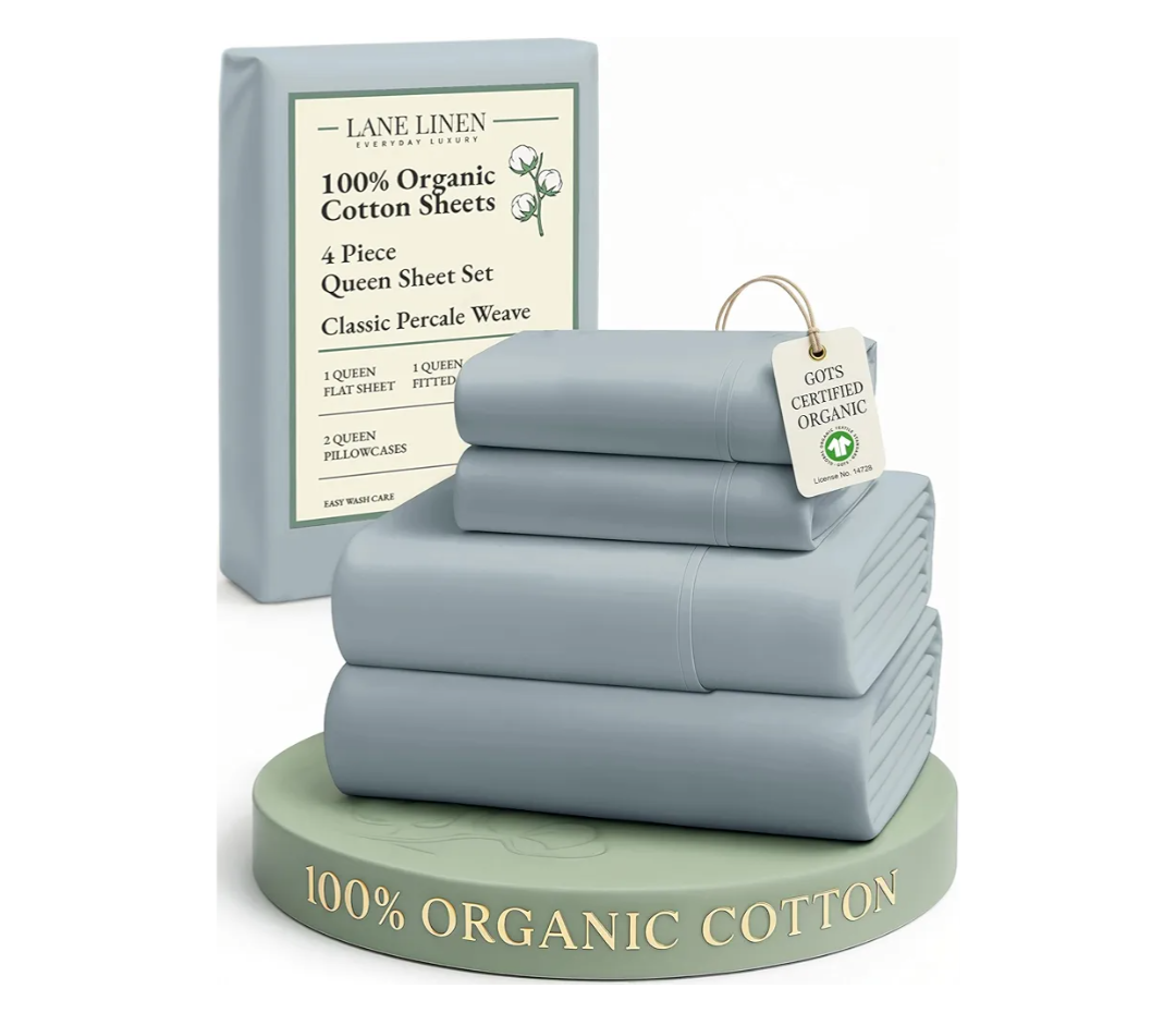 LANE LINEN 100% Organic Cotton Eco Friendly Sustainably Produced Queen Sheets Set, Low Pill Fade Resistant Machine Wash Fully Elasticized Cotton Bedding Queen Set- French Blue