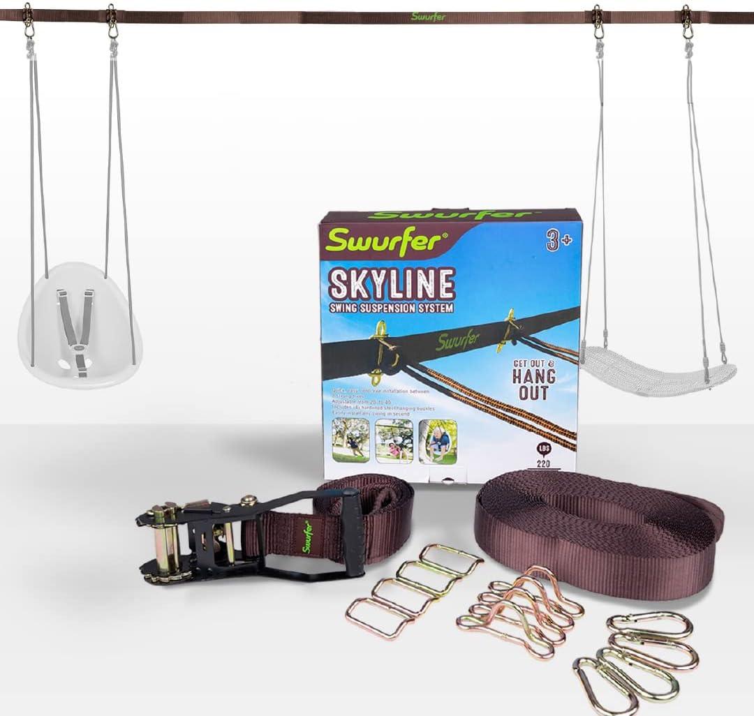 Swurfer Skyline Tree Swing Hanging Kit Heavy Duty, Weather Resistant, Swing Line to Hang Multiple Swings, Span Up to 40 Feet, Includes 4 Adjustable Locking Anchors & Carabiners, Easy Installation