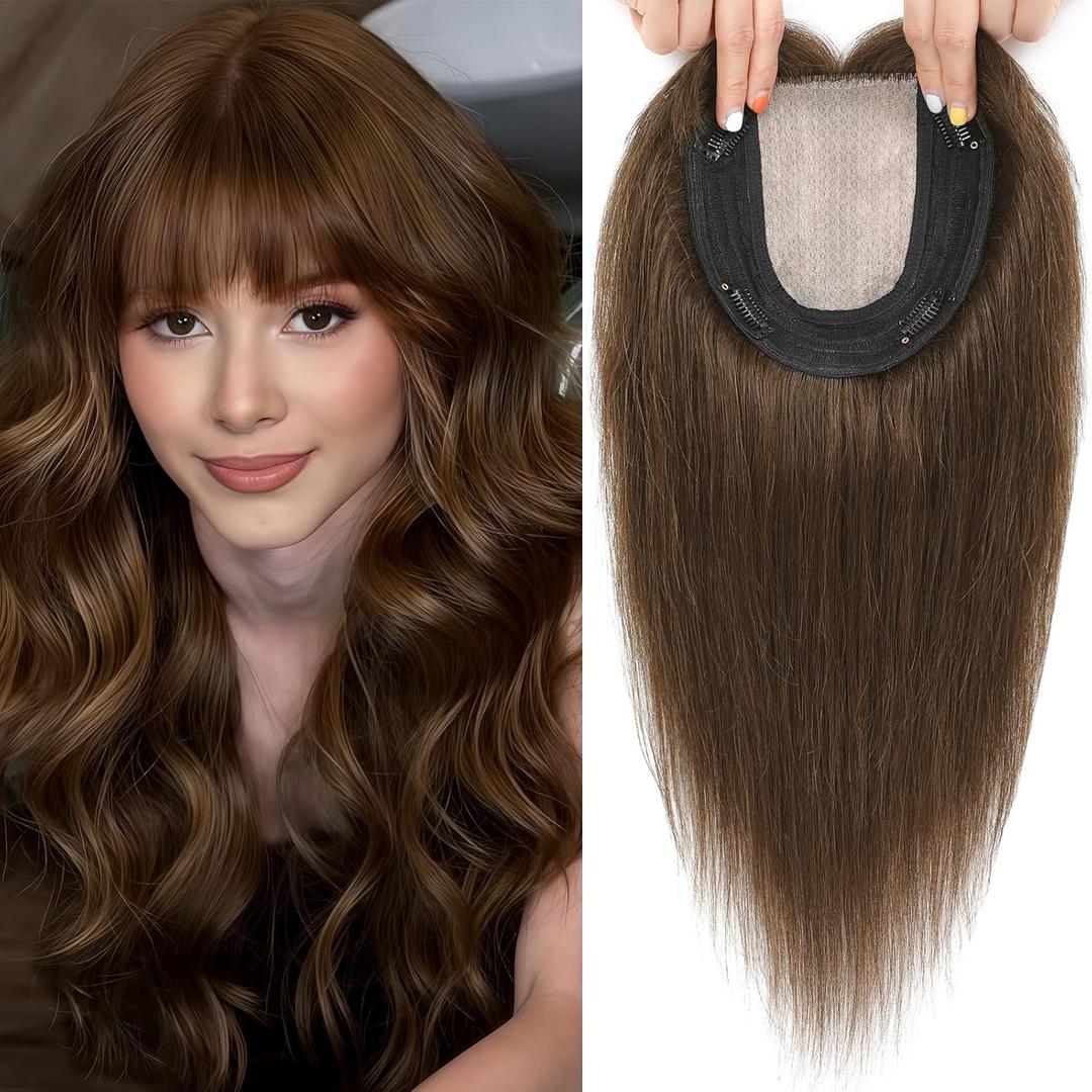 Hair Toppers for Women Real Human Hair, 360 3D Toppers Pieces for Women with Thinning Crown Wispy Bangs 16 Inch Upgrade Big Basement (Medium Brown, 16 Inch Wispy Bangs)