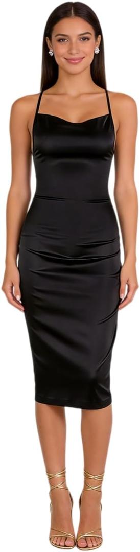 JUMISEE Women Neon Satin Sexy Bodycon Elegant Backless Long Midi Dress for Cocktail Party Clubwear, (Black, XL)