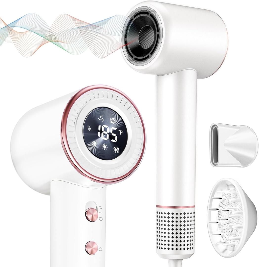 Rudd Hair Dryer with Diffuser, High Speed Hair Dryer with Display, 110000 RPM Brushless Motor for Fast Drying, 200 Million Negative Inoic Low Noise, White