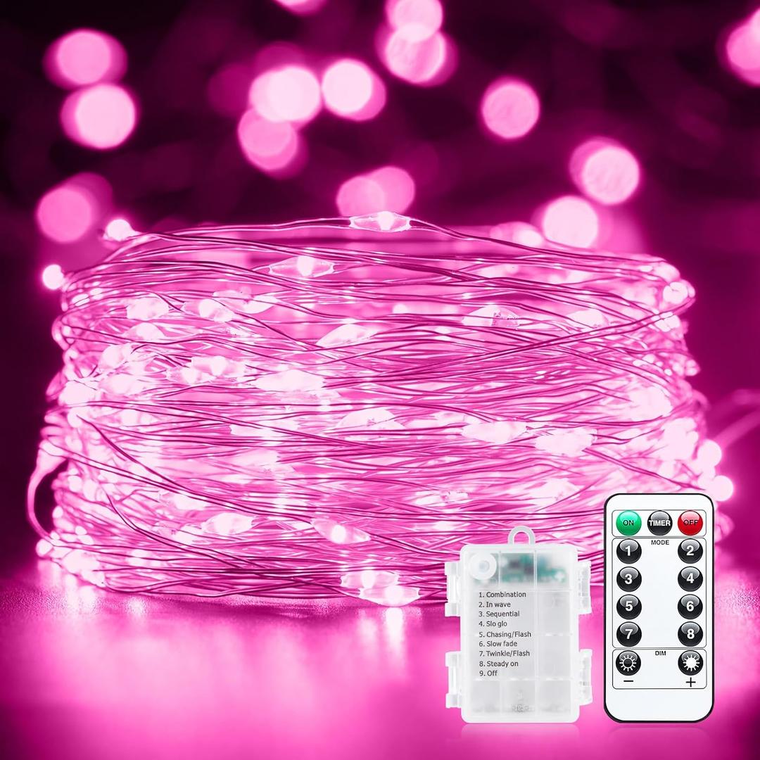 33Ft 100 LED Outdoor String Lights, Pink Fairy Lights Battery Operated with Remote, Waterproof Twinkle Lights for Bedroom Dorm Patio Tapestry Backyard Garden Party Indoor Valentine's Day Decoration (100LEDs)