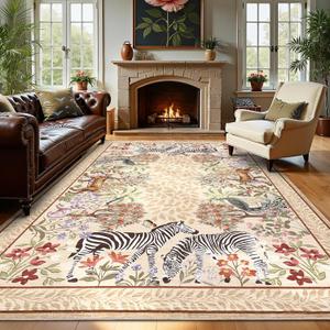 GarveeHome Zebra Taupe Washable Rugs 8x10 for Playroom Vintage Jungle Woodland Forest Safari Animal Print Rug Low Pile Botanical Kids Rugs for Living Room Kitchen Nursery Room