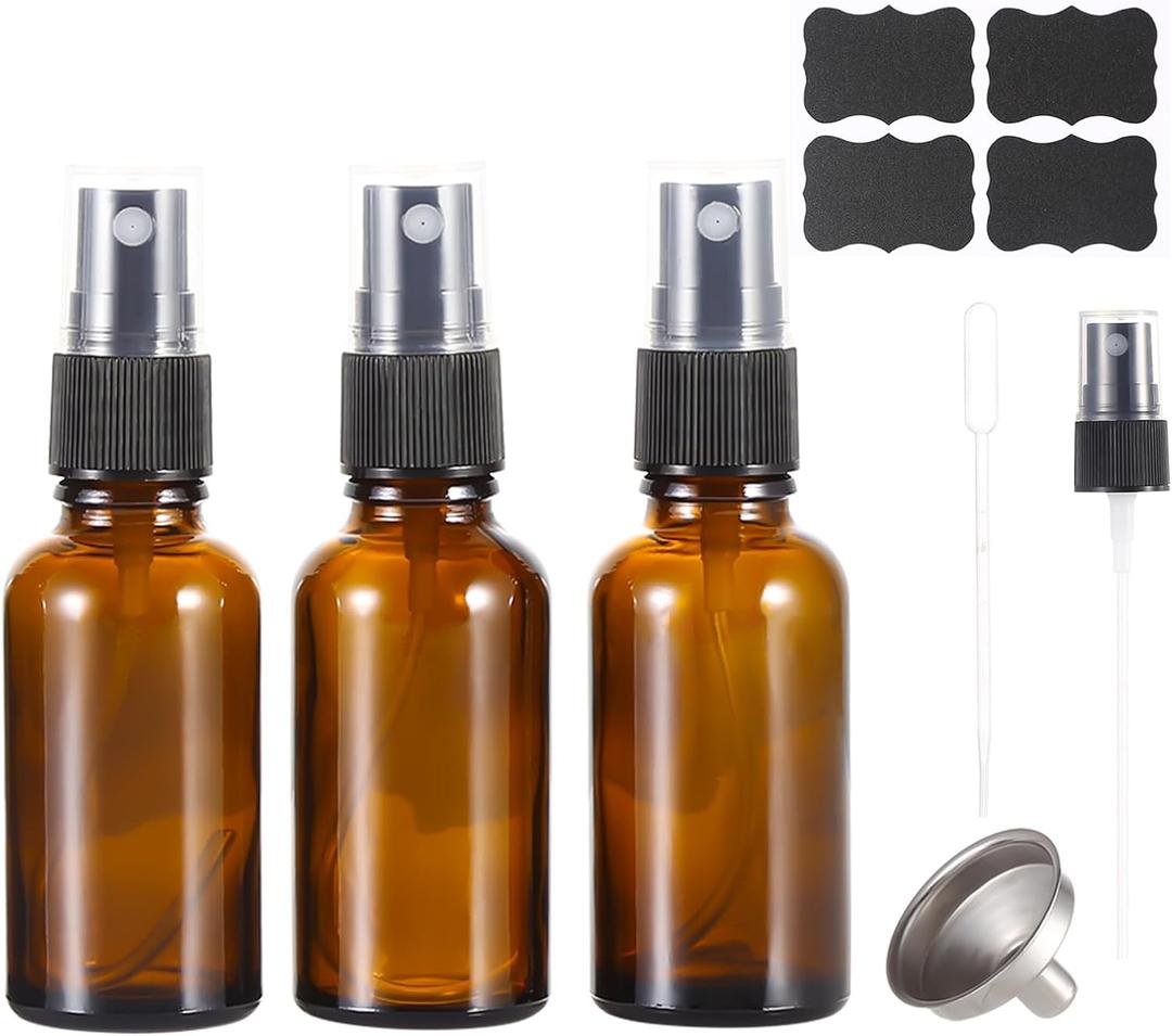 1 oz Amber Glass Spray Bottles,Small Empty Fine Mist Refillable Travel Spray Bottle for Cleaning,Perfume,Aromatherapy,Cosmetic Sprays,Hair,Essential Oils with Fine Mist Dispenser3 Pack