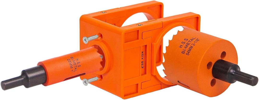 Door Lock Installation Kit, with 1 inch Hole Saw (2 inch Depth) & 2-1/8 inch Hole Saw (1.5 inch Depth) and Jig, for Drilling Wood and Metal Door, Installing Deadbolt and Knob, Orange