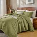 DOWN HOME Queen Quilt Bedding Set with Shams, Vintage Washed Soft Quilted Blanket Thin Comforter Lightweight Bedspread Coverlet Bed Cover, Brushed Microfiber Stripe Stitching, Golden Olive, 86"x90"