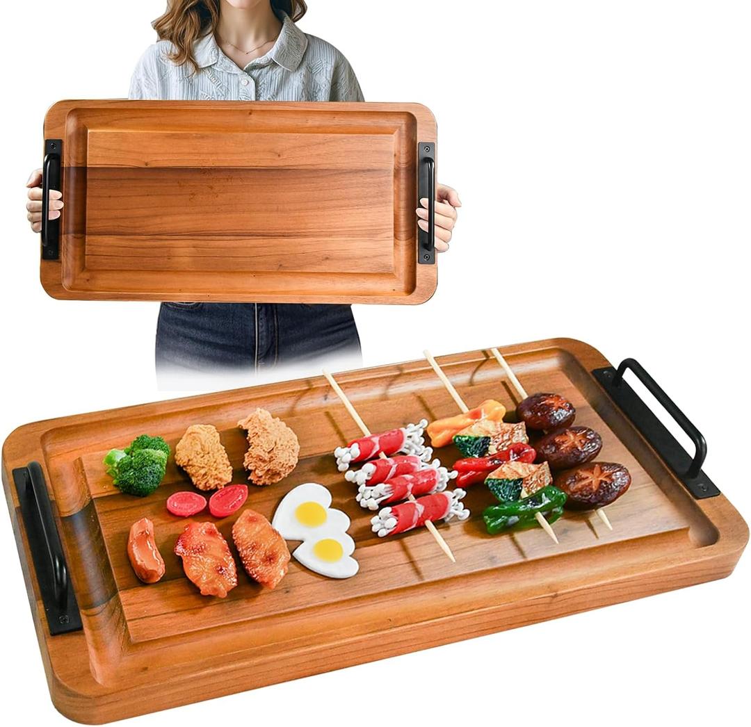 Large Wooden Charcuterie Boards with Handles, Extra Long Wood Serving Tray Platters,Rectangular BBQ Meat Cutting Cheese Board for Party Appetizers,Home & Outdoor 23.6x11.8x1.1