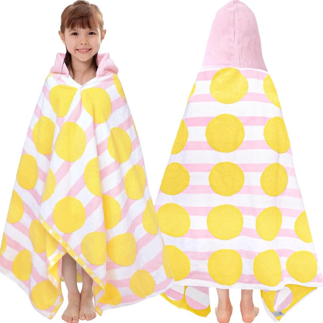 VOOVA & MOVAS Kids Bath Towel with Hood(3-10Years), Quick Dry Absorbent Lightweight Towel Wrap for Pool | Swim | Bath | Beach, Pink Strip Dot