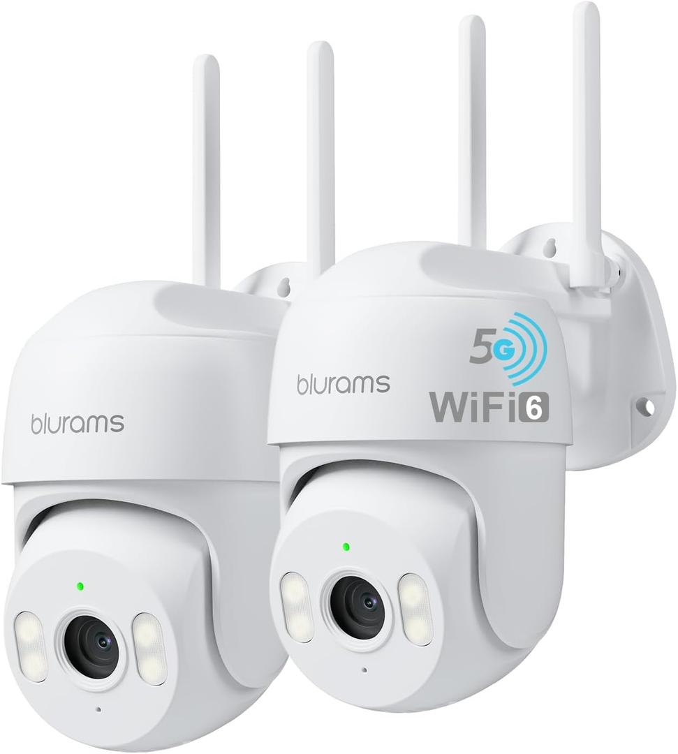 Blurams 2Pack Security Cameras Outdoor Wired, 2K 360 PTZ Outdoor Security Camera, Weatherproof, 24/7 Recording with SD Card, Color Night Vision, AI Human Tracking, 2.4/5GHz WiFi6, Work with Alexa