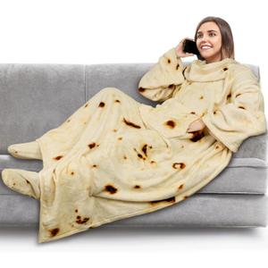 PAVILIA Fleece Blanket with Sleeves, Foot Pockets for Women Men Adults, Plush Wearable Blanket Throw Wrap, Warm Snuggle Blanket Robe, Cozy Gift Ideas Wife Mom, Burrito Beige