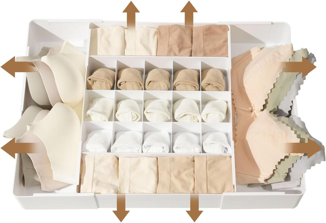 Adjustable Drawer Organizer  19-Grid Divider for Socks, Bras & Panties, Closet Storage Box for Underwear & Dresser Drawers (15+4)