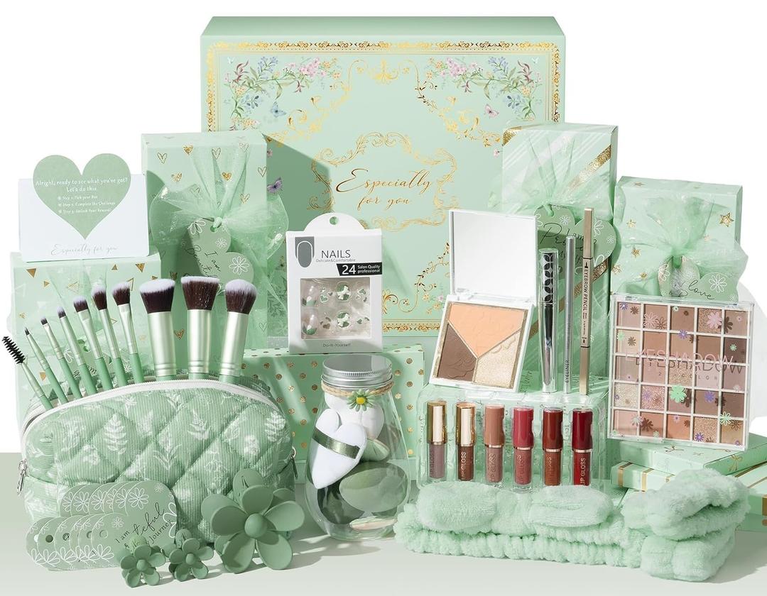 Teen Girl Gifts Trendy Stuff, 10 Positive Affirmation Cards & Empowering Challenges to Unlock 10 Wrapped Makeup Gift Set Motivational Birthday Easter Basket Stuffers Gifts for Tween & Teenage Girls (Green)