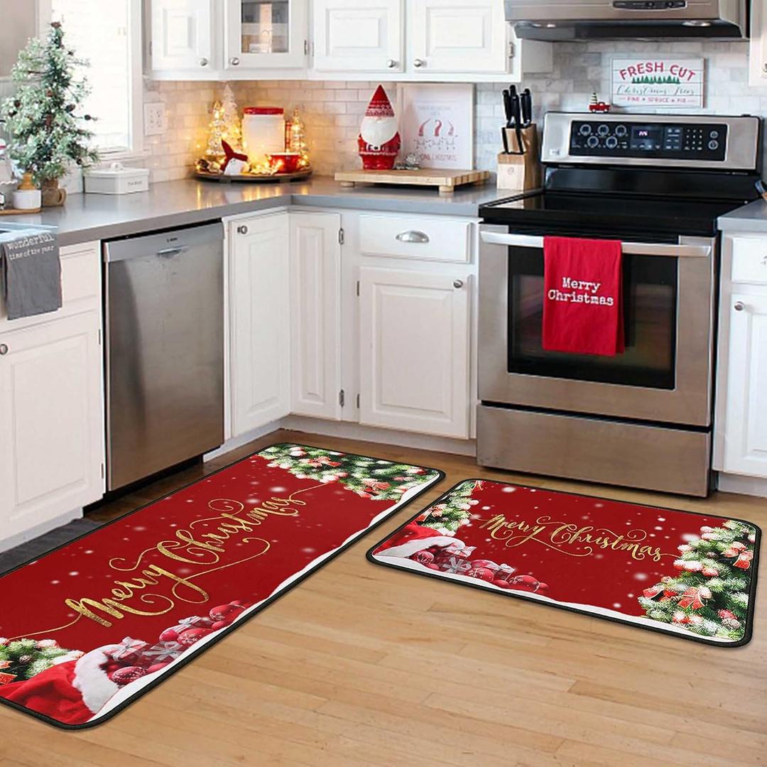 Christmas Kitchen Rugs 2 PCS, Merry Christmas Kitchen Rug, Non Skid Washable Padded Soft Comfort Kitchen Rugs Set (17"x47"+17"x30",Merry Christmas)
