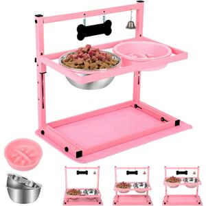 SHAINFUN Pink Elevated Dog Bowl Stand with Two 1700ml Stainless Steel Food Bowls, Slow Feeder and Spill Proof Mat, Adjustable Feeder for Large, Medium and Small Dogs