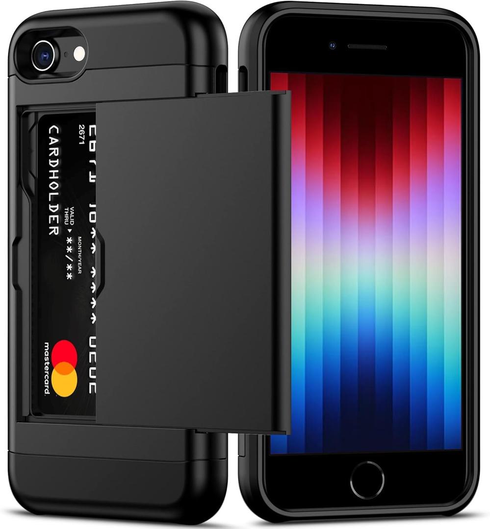 for Apple iPhone SE (2022) /SE (2020) / 8/7 Case with Credit Card Holder, Wallet Case Slide Cover Dual Layer Hard PC Rubber Cover Phone Case for iPhone 7 8 SE2 SE3 4.7' Black
