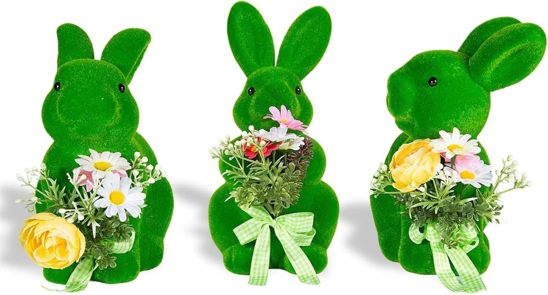 BrilliantJo Spring Decoration Figurines Decor Gift for Women Cute Moss Bunny Large Rabbit Kit Holding Flowers Set of 3(10") Green Desk Mother's Day Holiday Birthday for Home Office Garden