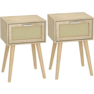 LAATOOREE Nightstand Set of 2, Small Bedside Table, Boho Side End Table, Rattan Door, Solid Wood Feet for Bedroom and Living Room (Natural)