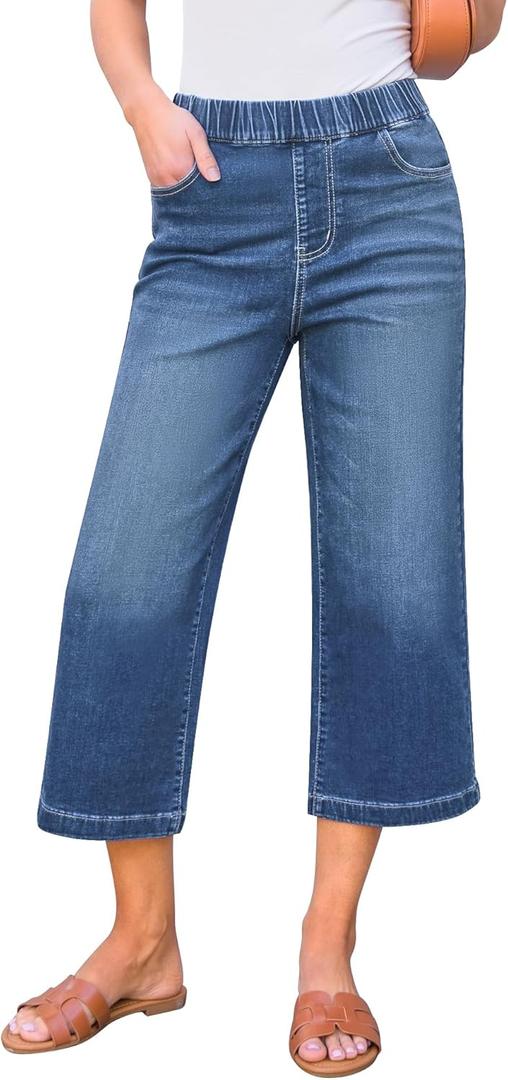 GRAPENT Capri Jeans for Women Wide Leg High Waisted Effortless Flow Pull On Stretchy Denim Elastic Waist Pants with Pockets (Large, Medium Blue)
