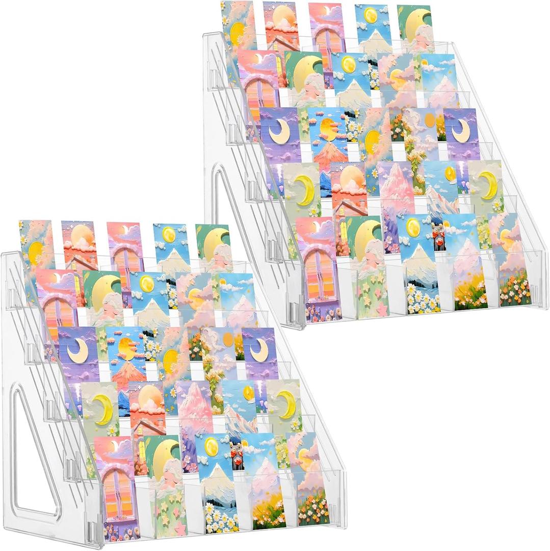 2 Pcs Acrylic Bookmark Display Stand, 5 Tier Clear Bookmark Riser with 25 Compartments for 2. 5'' Bookmarks, Portable Sticker Holder Greeting Card Display for Business Vendor Retail Store Shop