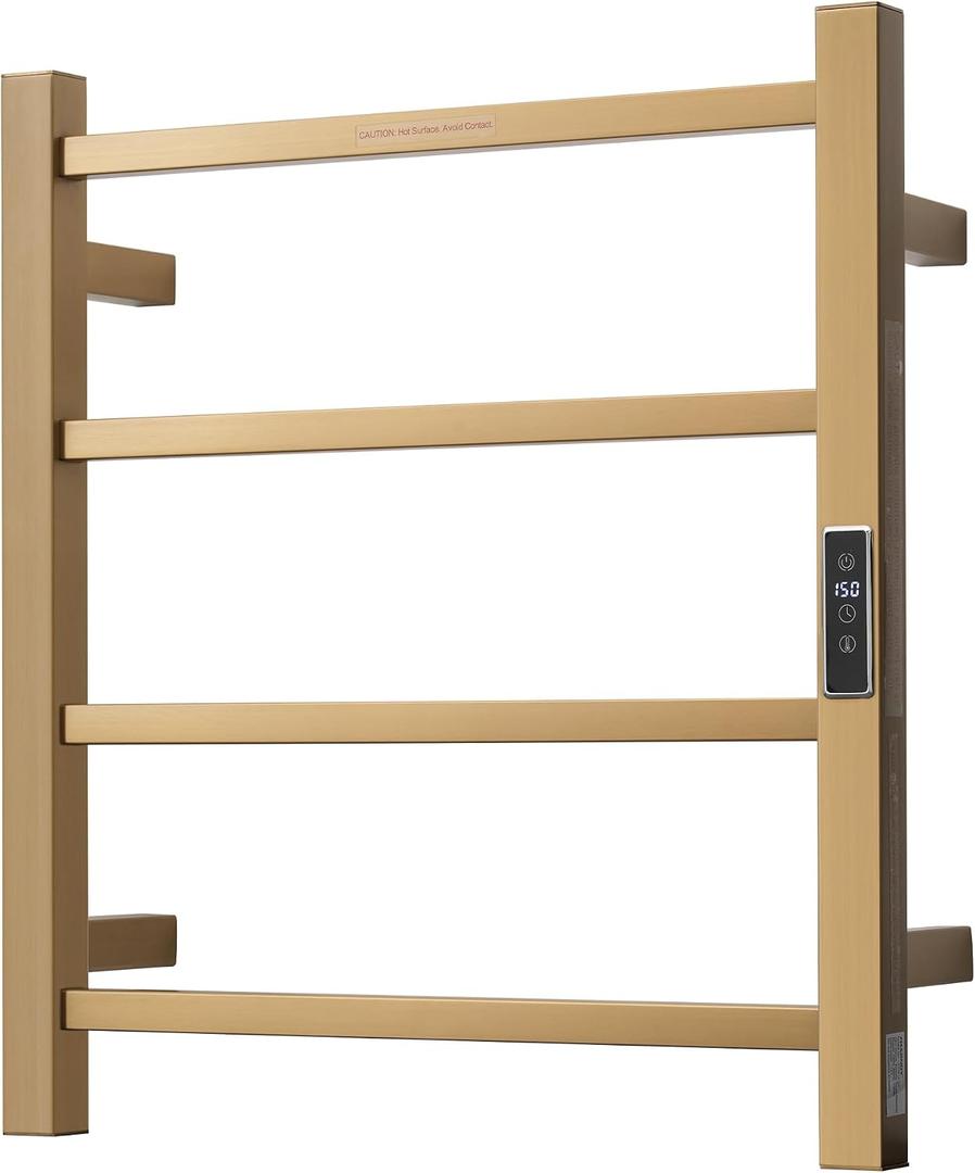 Electric Heated Towel Warmer - Wall Mounted Bathroom Towel Rack, Plug-in Design & Gold Brushed Stainless Steel Finish Gold with Timer & Temperature Control, 4 Bar