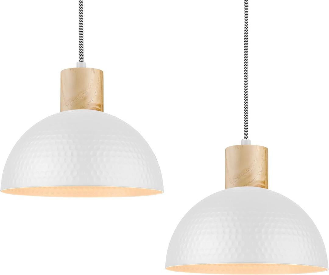 ELYONA 2 Pack Hammered Pendant Lights, 12" Modern Metal Dome Hanging Lamp Solid Wood Pendant Light Fixtures for Kitchen Island, Farmhouse, Dining Room, Sink, Bedroom, Hallway, Nordic White