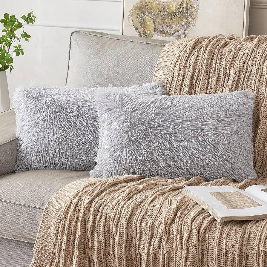 ANRODUO Pack of 2 Silver Grey Throw Pillow Covers Luxury Fluffy Pillows Faux Fur Decorative Pillows Plush Cushion Case Fuzzy Mongolian Merin Style for Bed Couch Sofa Living Room Home Decor 12x20 Inch