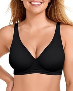 OEAK Womens Deep V Bras Wireless Comfortable Bra Supportive No Underwire Bras Tshirt Push Up Bralettes Plunge Seamless Bra Carbon Black XL