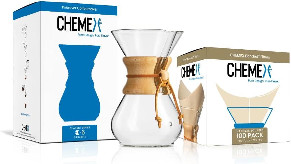 CHEMEX Bundle - 6-Cup Classic Series - 100 ct Square Filters - Exclusive Packaging