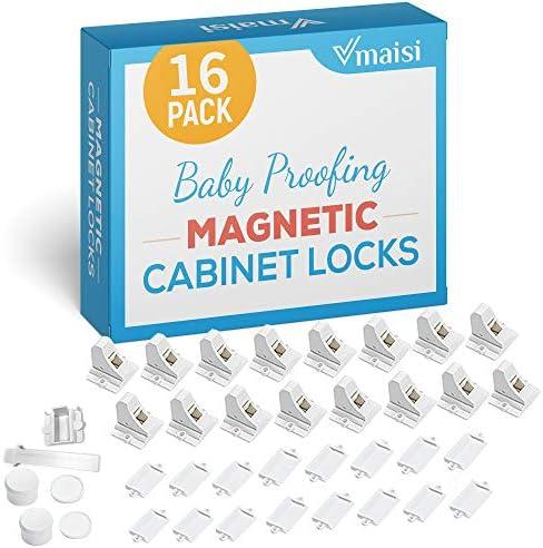 16 Pack Child Safety Magnetic Cabinet Locks - Vmaisi Children Proof Cupboard Baby Locks Latches - Adhesive for Cabinets & Drawers and Screws Fixed for Protection