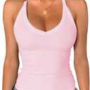 Jar of Love Women's Workout Tank Top with Built-in Shelf Bra-V-Neck Racerback Ribbed Cami for Gym, Yoga, Running (Pink, S)