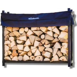 Woodhaven 5 Foot Black - Made in the USA - 1/4 Cord Plus Firewood Storage Log Rack With Seasoning Cover Combo Set - Indoor Outdoor - Metal Firewood Rack - Heavy Duty
