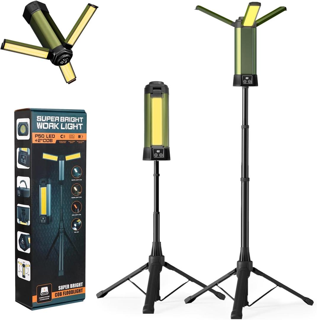 Rechargeable Camping Light with Stand, Outdoor LED Cordless Work Light, Portable Telescopic Bracket, 6AH Battery 500/1000/2000 Lumen, 3500K/4500K/6500K, Construction Lights (Large)