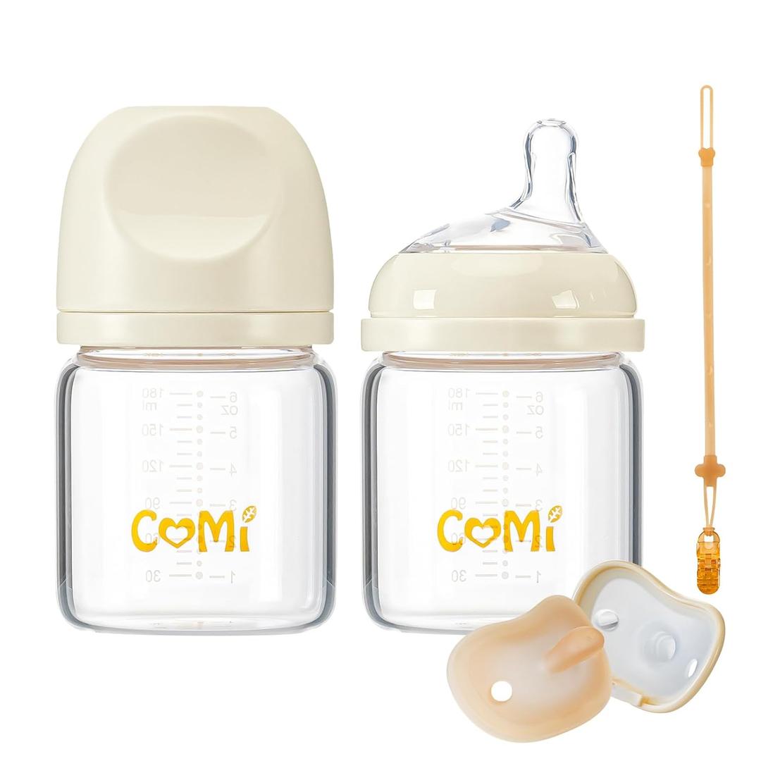 COMI Natural Glass Baby Bottles for Breastfeeding Babies,Newborn Anti-Colic Baby Bottle Set with Slow Flow Nipple,0-3 Months,BPA-Free,6 oz,2 Pack