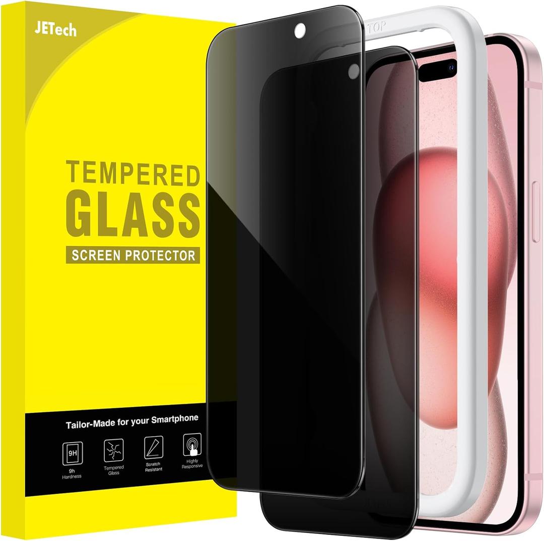 JETech Privacy Screen Protector for iPhone 15 6.1-Inch, Anti-Spy Tempered Glass Film with Easy Installation Tool, 2-Pack