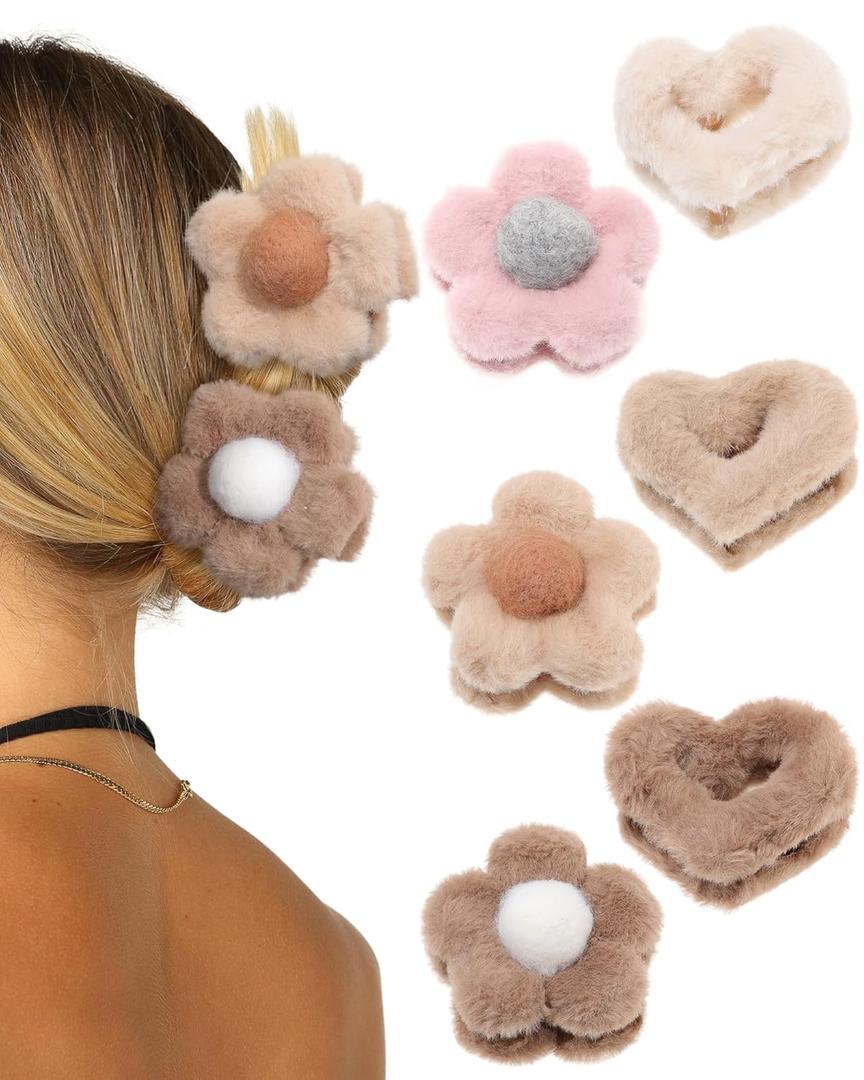 Fluffy Plush Claw Clip for Hair 6 Pcs Cute Hair Clips for Women Fuzzy Hair Barrettes Girls Hair Jaw Clips (Flower + Heart - Beige/Brown/Coffee)