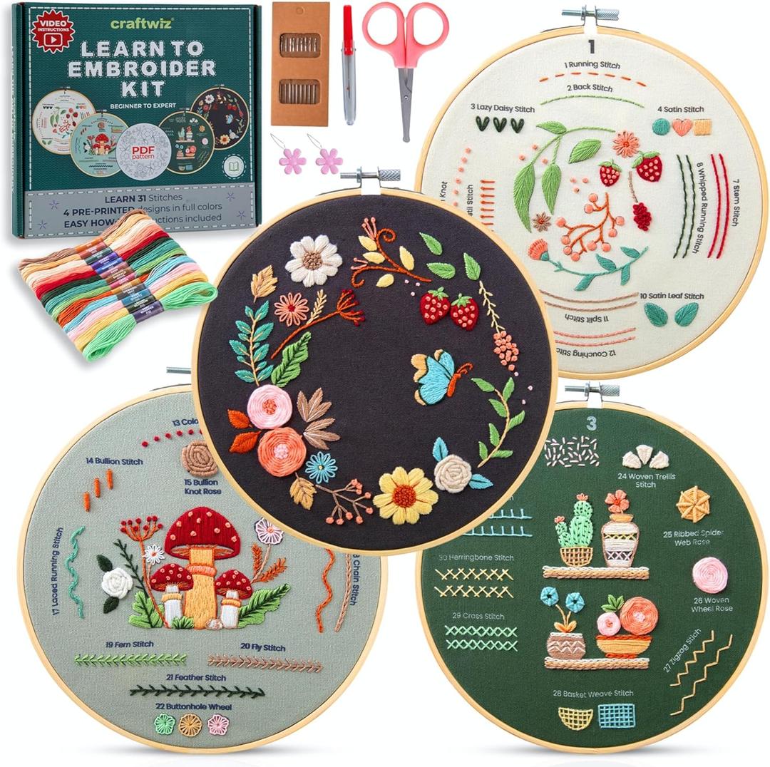 Craftwiz 4-Piece Starter Embroidery Kit for Beginners with Simple Patterns, Learn to Embroider 31 Stitches with Hand Embroidery Kit