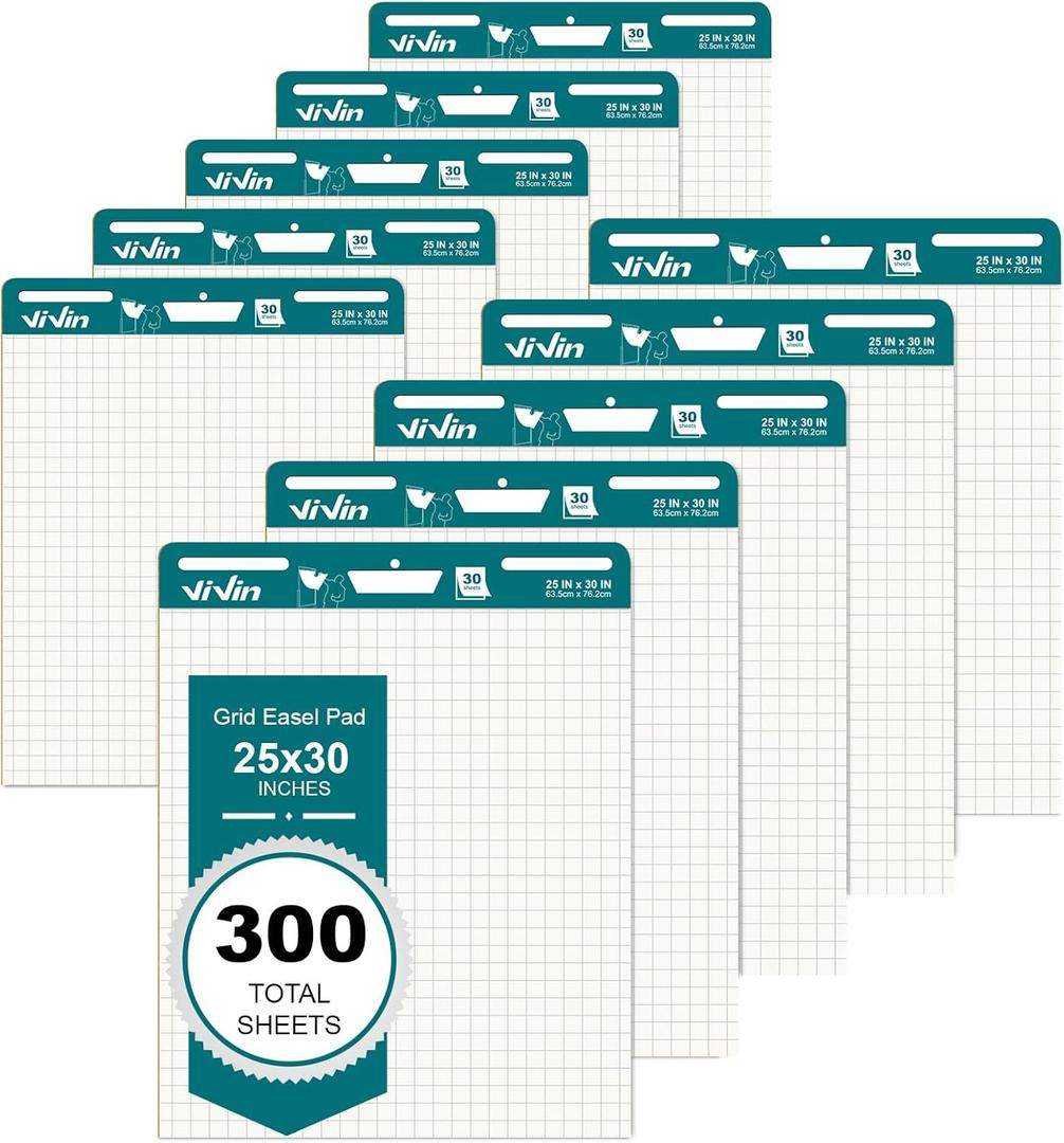 ViVin Grid Sticky Easel Pad, 25 x 30 Inches Flip Chart Paper for Teachers and Students, Large Self Stick Easel Paper for School & Office, 30 Sheets/Pad, 10 Pads/Pack