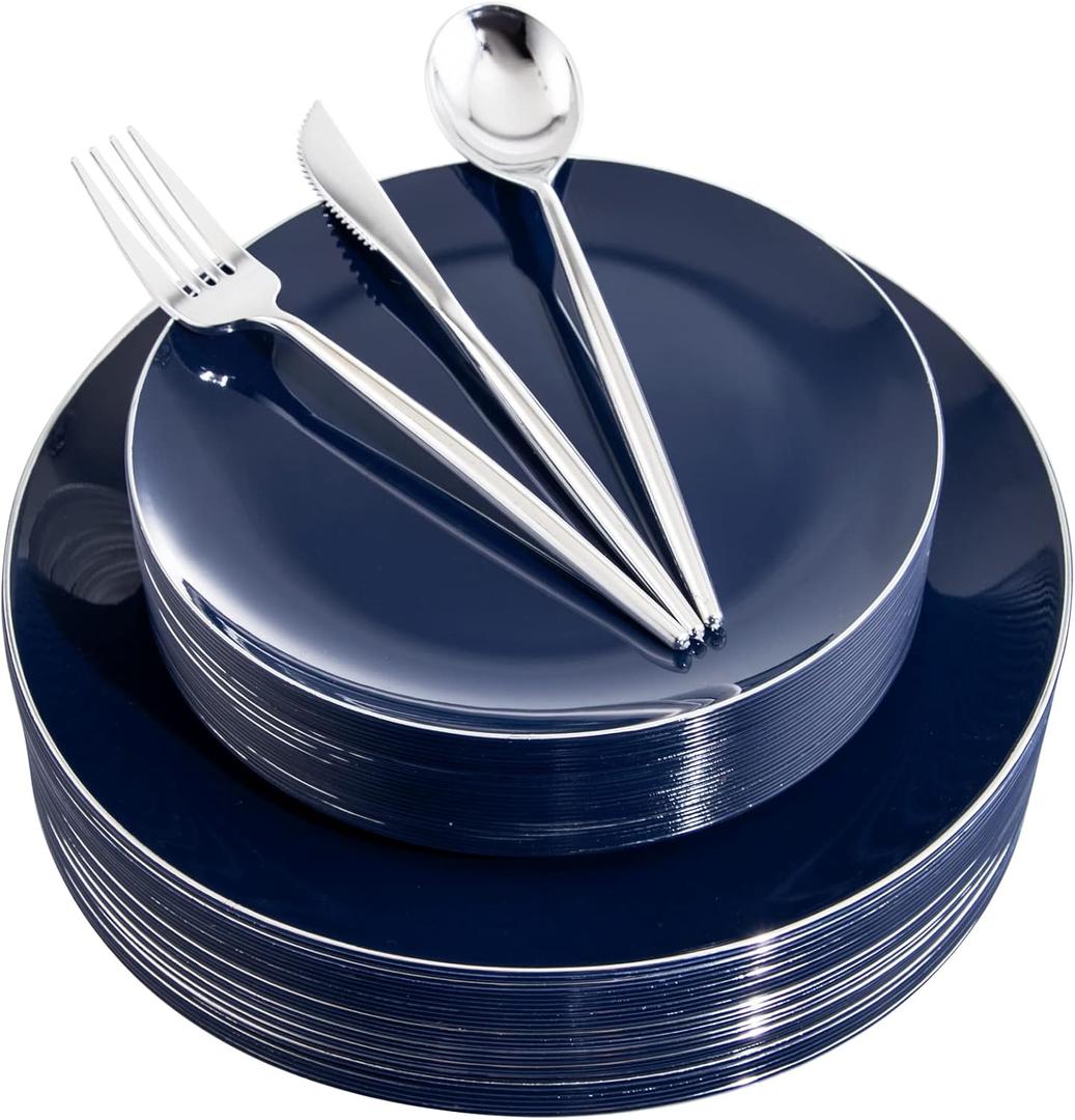 I00000 150Pcs Blue Plastic Plates,Hanukkah Plastic Plates,Navy Blue Disposable Plates with Silverware include 30 Dinner Plates10.25,30 Dessert Plates10.25,90 Silver Silverware Set for Party