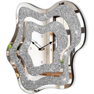 Wall Clock Silver Irregular Mirror Glass Clocks Cute Crystal Crushed Diamond Clock for Wall Decorative, Perfect Home Decor for Living Room Bedroom Dining Room Office