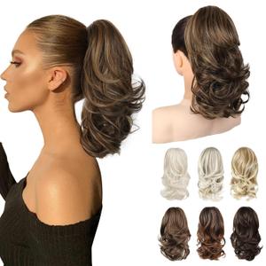 Ponytail Extension - 14" Claw Clip in Ponytail Hair Extensions Natural Soft Synthetic Layered Wavy Pony Tail Hair Pieces for Women - Medium Brown with Highlights