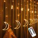 FUNPENY Star Moon Curtain String Lights, 138 LED Window Lights with Remote Control, Warm White Fairy Lights with 8 Modes for Indoor, Wedding, Party, Bedroom, Patio Lawn, Ramadan Decorations