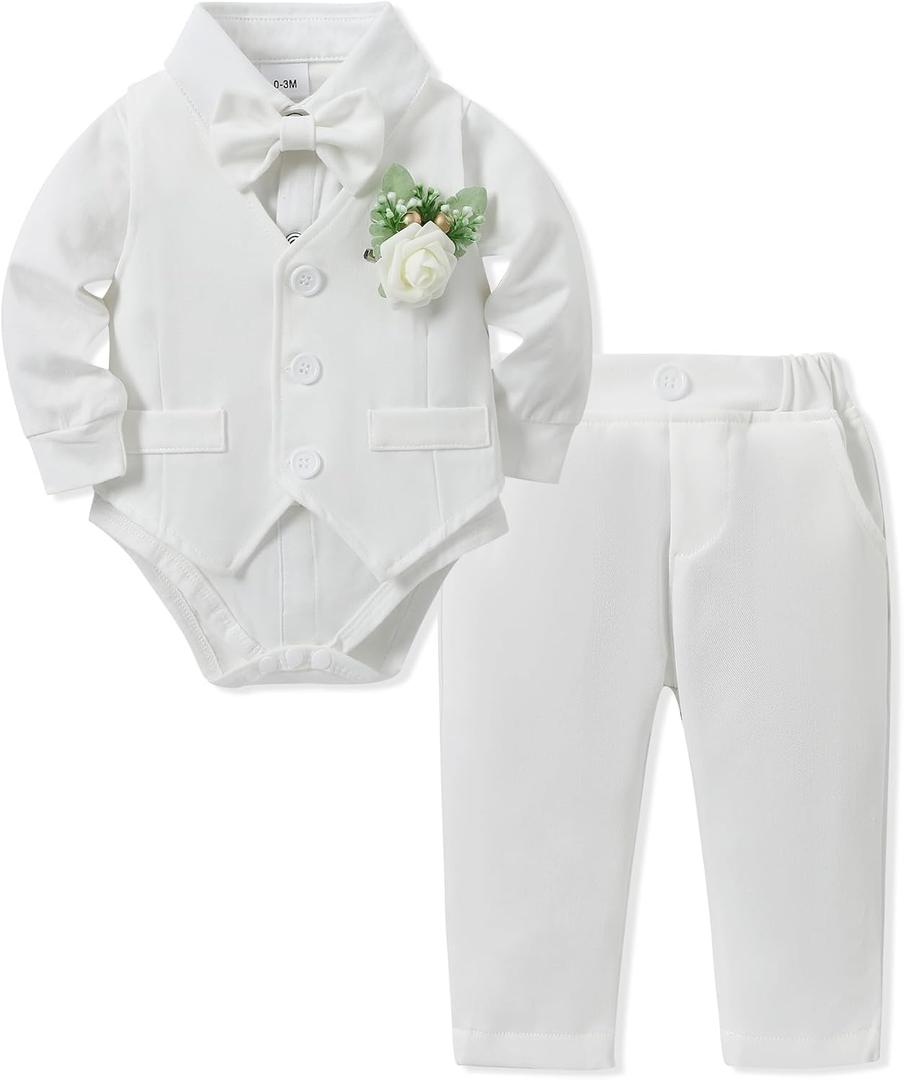 SANMIO Baby Boy Clothes Suits Infant Gentleman Outfit Collared Dress Shirt+Vest+Tie+Corsage+Pants 5Pcs Baby Suit Sets (White, S)