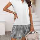 Women's V Neck Short Sleeve Summer Dress Cap Sleeve Casual Loose Fit Pleated Striped Shirt Dress (White, M)