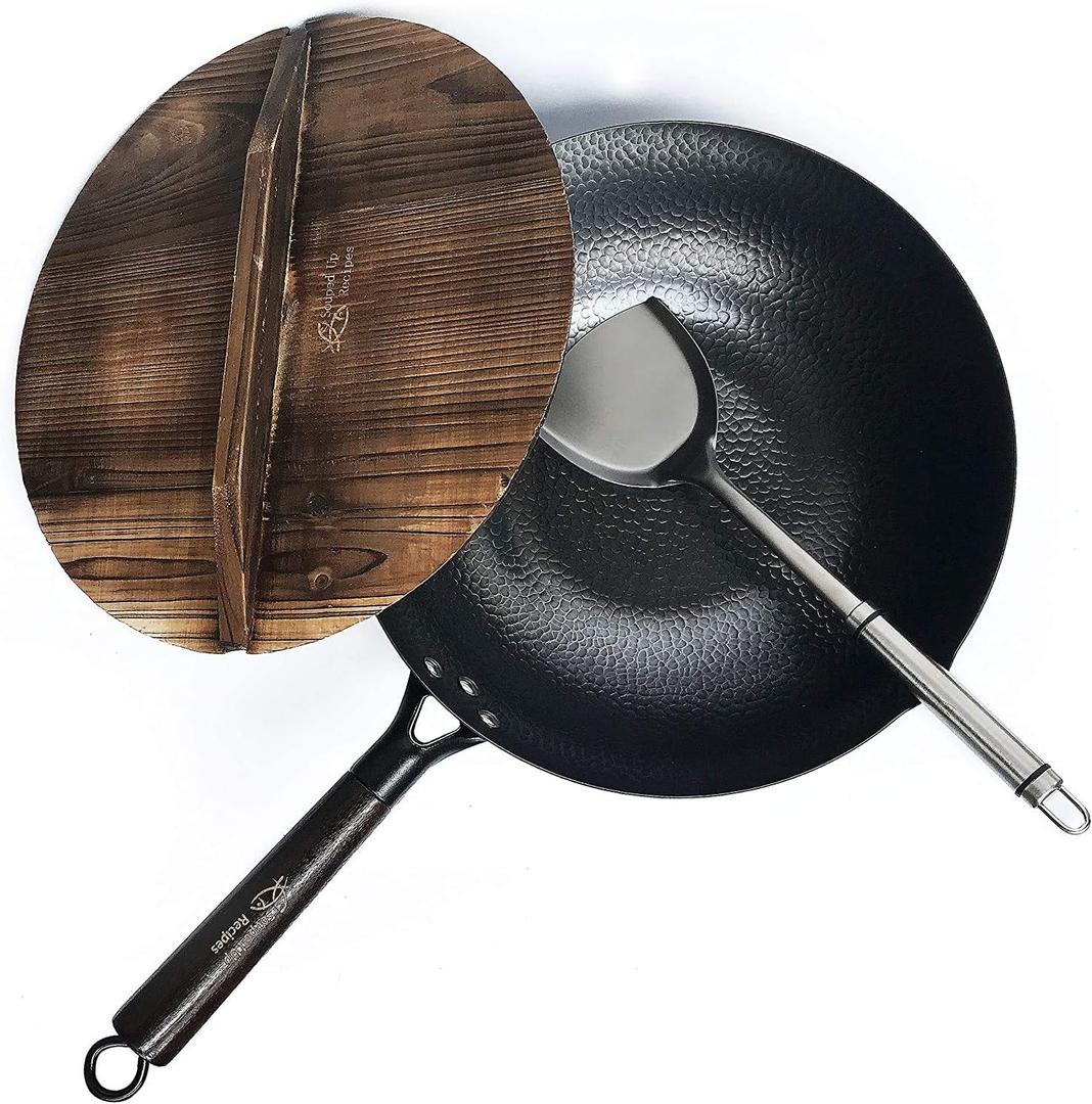 Carbon Steel Wok For Electric, Induction and Gas Stoves (Lid, Spatula and User Guide Video Included) (A-12.5 inch Wok with Wooden Lid)