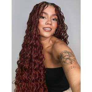 Goddess Bohemian Box Braids Crochet Hair 7 Packs 18 Inch Boho Crochet Braids for Black Women Pre Looped Braiding Hair with Curly Ends, Reddish Brown