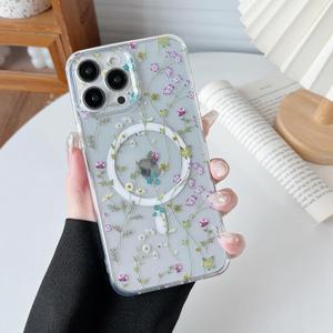 RALEAVO for iPhone 13 Pro Max Case Compatible with MagSafe Clear Floral Cover with Flower Branch Pattern for Girls Women Slim Cute Hard Back Shockproof Phone Case for iPhone 13 Pro Max,Transparent