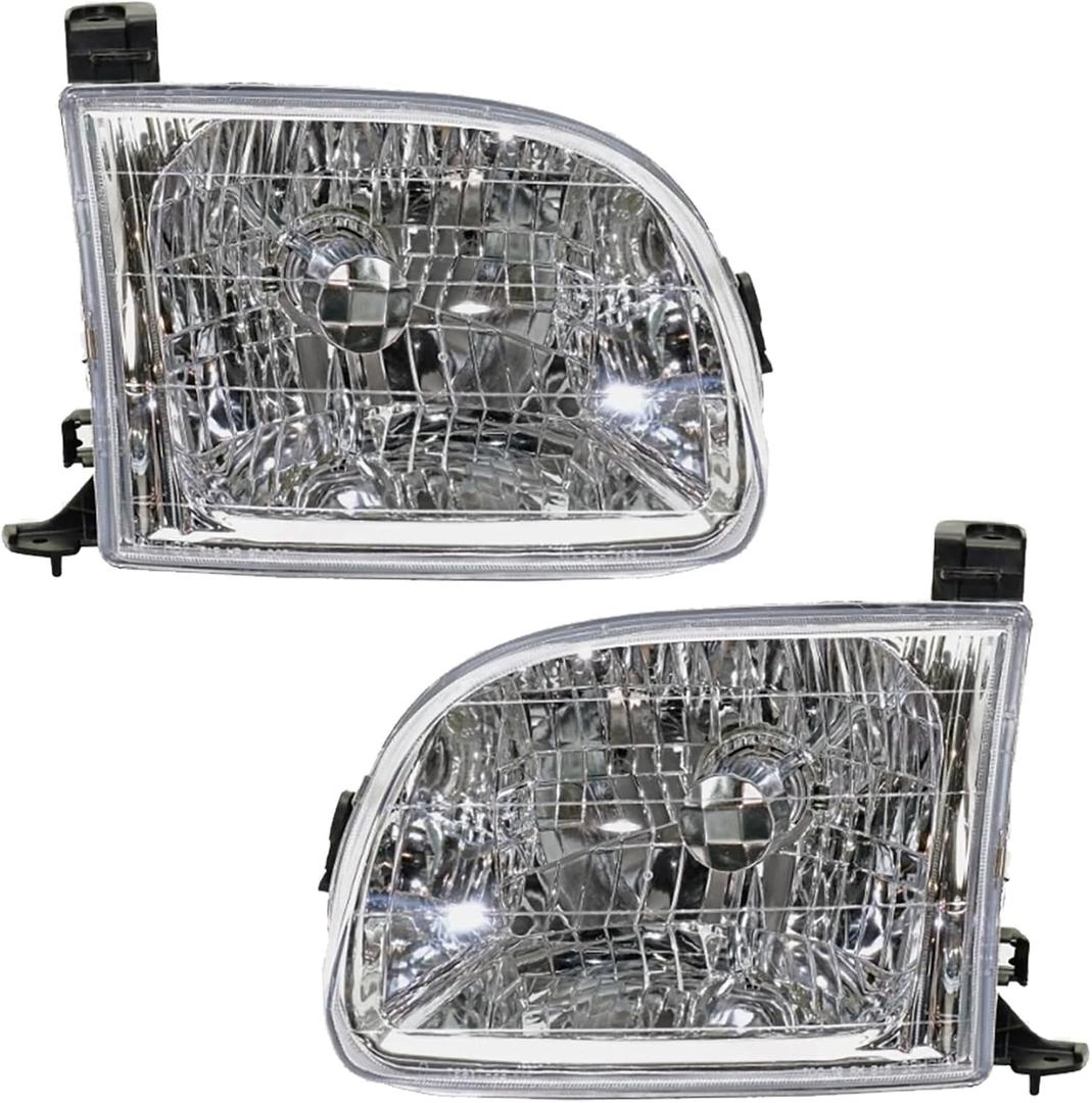 Headlight Assembly Fit For 2001 2002 2003 2004 Toyota Tundra Chrome Housing Clear Lens Halogen Headlamp Driver and Passenger Side TO2502129 TO2503129 811100C010 811500C010