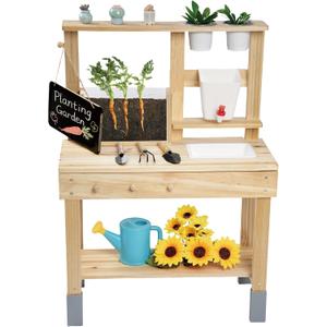 Kids Potting Bench, Garden Station to Grow Your own Vegetables, Plants and Flowers, Wooden Toy Gardening Center with Sink & Faucet, Blackboard, Garden Accessories, Storage Shelf