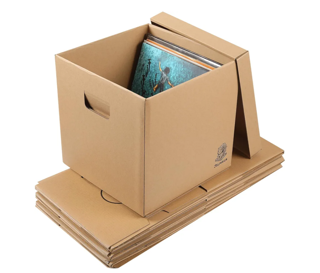 Vinyl Record Storage Box - Moving Box with Handles and Lids - Sturdy Cardboard Crate for Vinyl storage - Holds Up to 60 Records or LPs - Set of 4 Boxes (Kraft