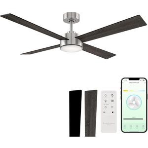 Santorini Smart 4-Blade 52in Ceiling Fan 2700K-6000K CCT Selectable LED Light Kit with Remote Control in Brushed Nickel with Reversible Blades Weathered Wood or Ebony Works With iOS or Android App